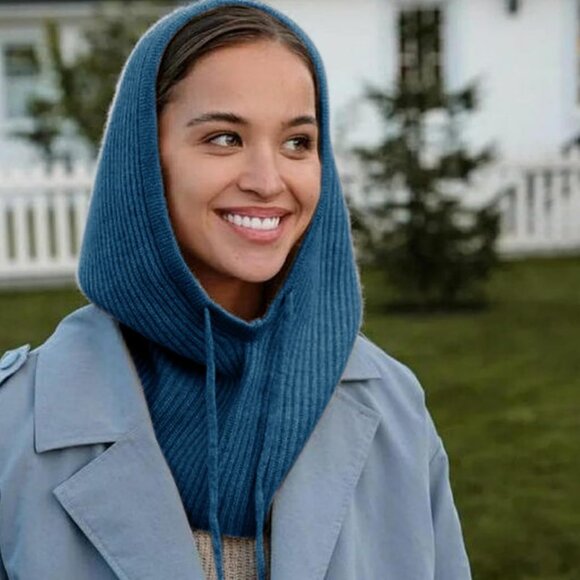 Women Scarf Hat Balaclava Beanie Skull Cap with Drawstring Warm Hat Peacock Blue - Picture 6 of 7